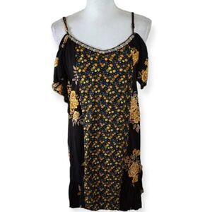 XHILARATION BLACK & YELLOW FLORAL COLD SHOULDER DRESS SZ.L EUC